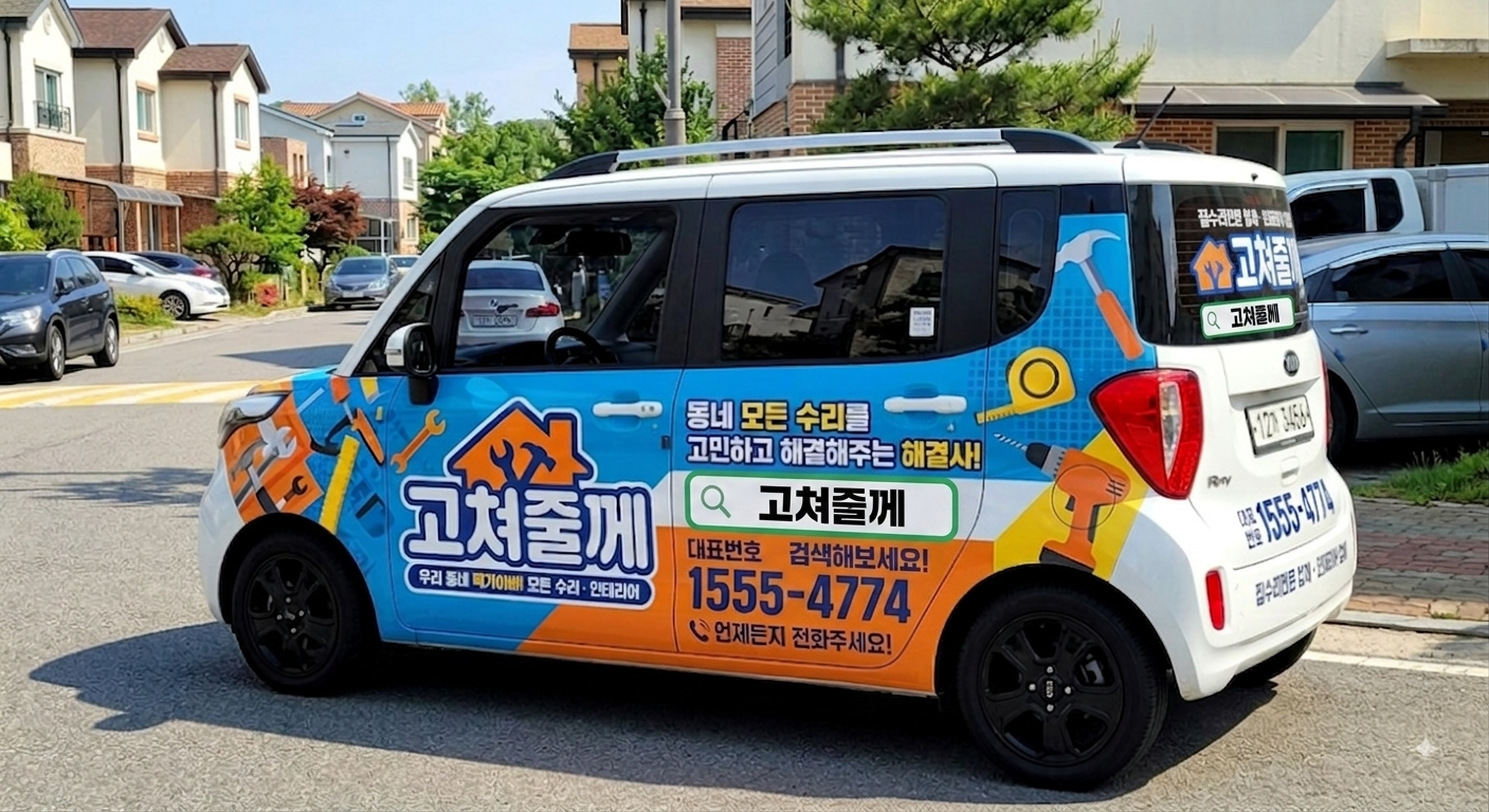 고쳐줄께 로고와 대표번호 1555-4774가 래핑된 실제 출동 업무 차량